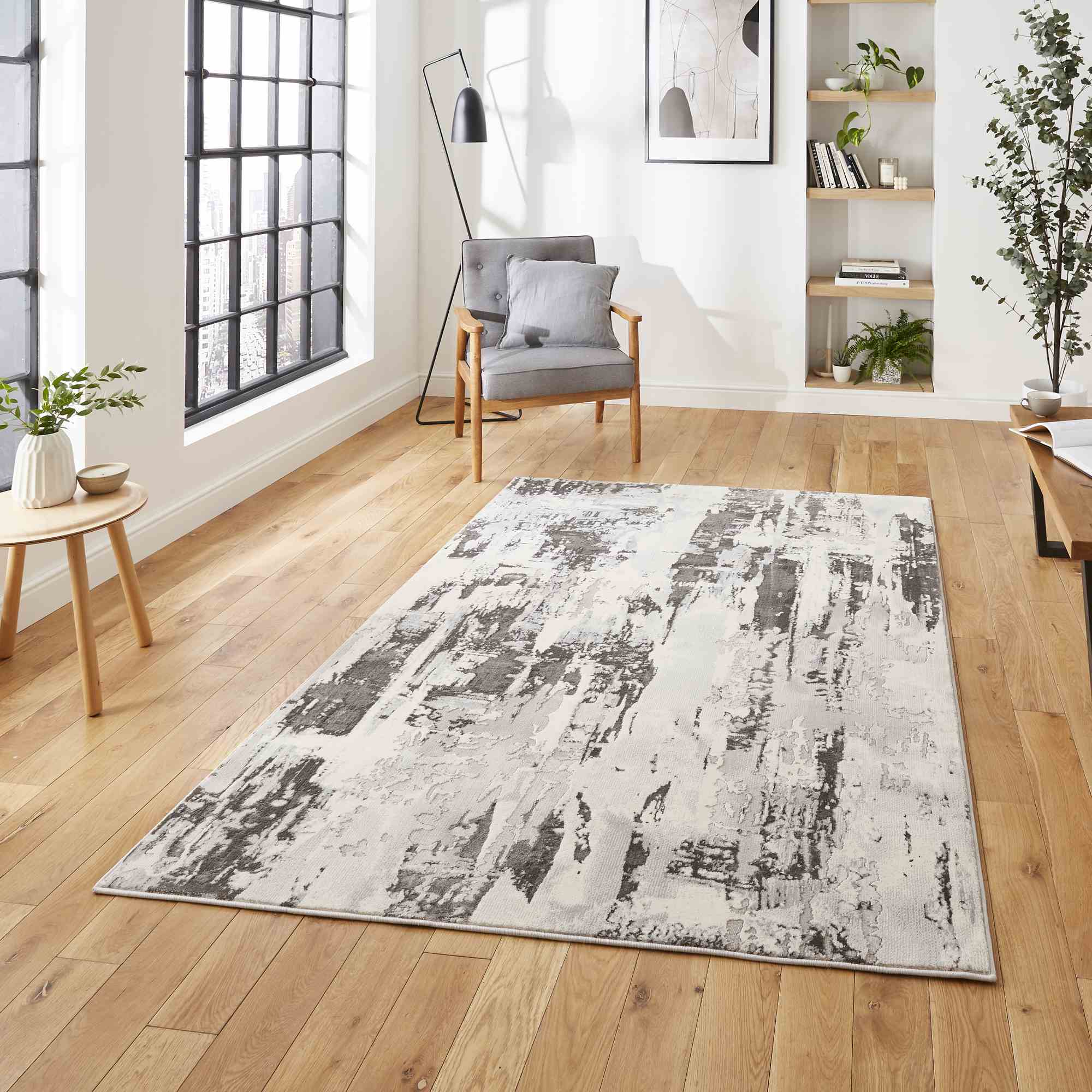 Apollo Gr579 Modern Abstract Distressed Rugs In Grey Ivory White